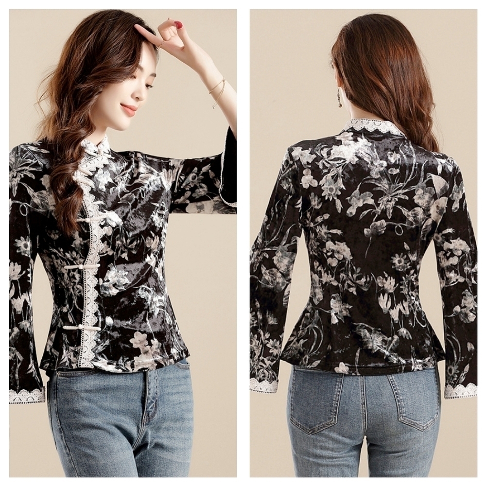 DKNY Women Calista Velvety Cheomgsam Top XL Black/White Flare Sleeve Lace Trim